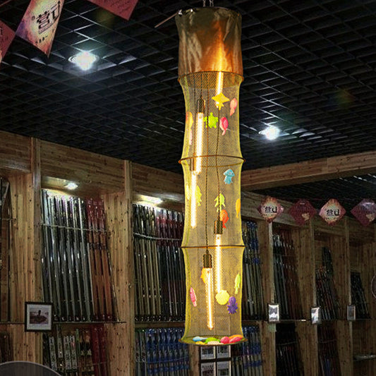 Cylindrical Finishing Net Pendant Light With Fish Deco: Creative Green Hanging
