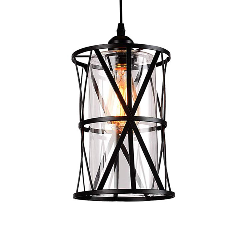 Suspension cylindrique en verre noir avec cadre en fer industriel