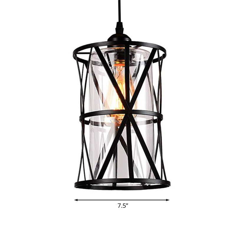 Suspension cylindrique en verre noir avec cadre en fer industriel