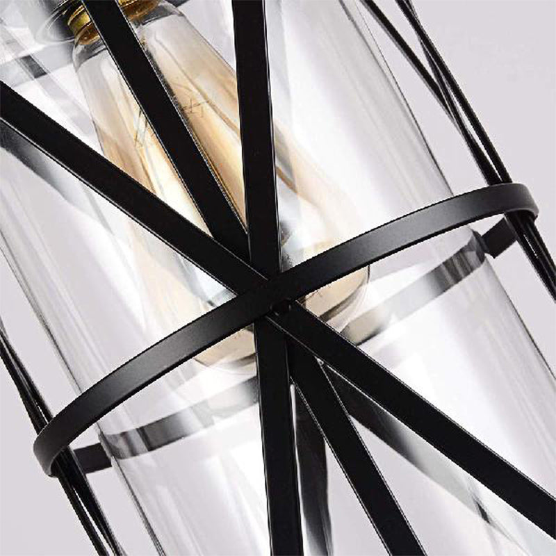 Suspension cylindrique en verre noir avec cadre en fer industriel