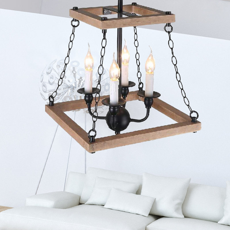 Farmhouse Metal and Wood Trapezoid Chandelier with Flameless Candle - 4-Light Hanging Lamp