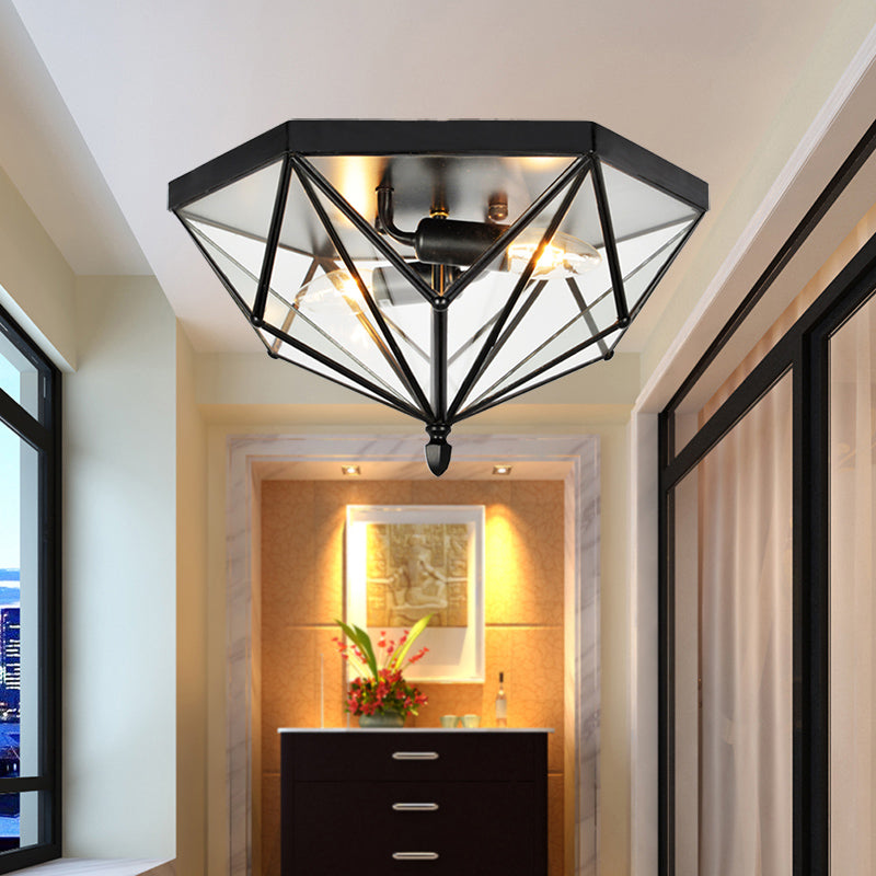 Vintage Polyhedron Clear Glass Ceiling Light - Single Bulb Flushmount in Black for Foyer