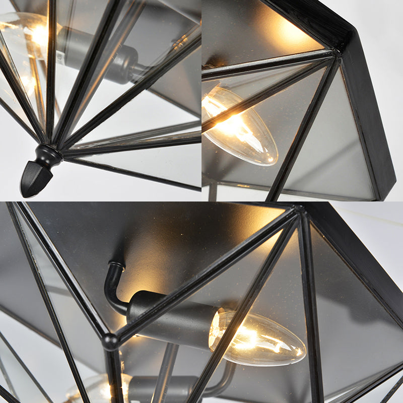 Vintage Polyhedron Clear Glass Ceiling Light - Single Bulb Flushmount in Black for Foyer