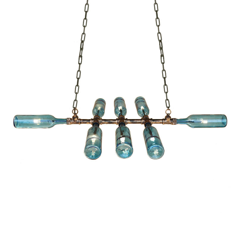 Lustre en forme de bouteille en verre de style vintage bleu/ambre avec tuyau - 8 têtes - Idéal pour les escaliers