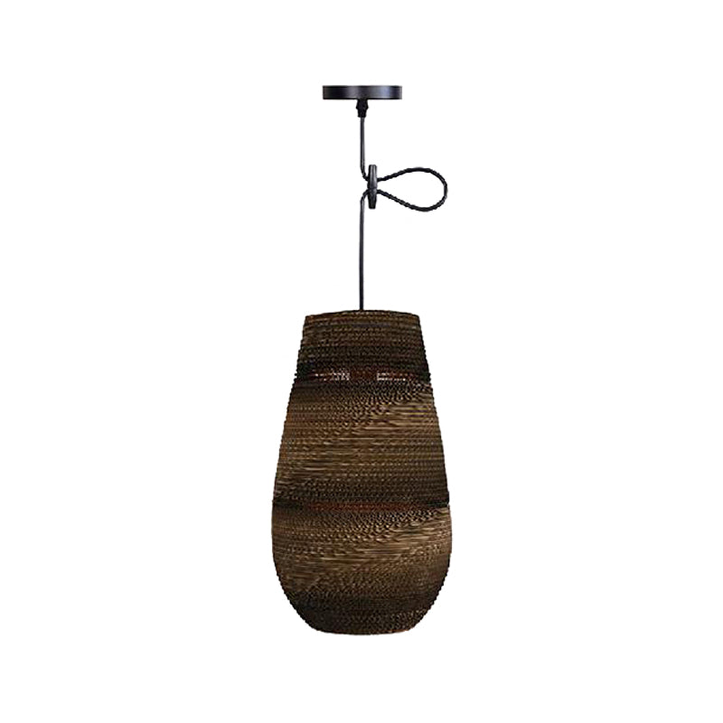 Corrugated Paper Hanging Lamp - Asian Style with Brown High Waist Shade - Restaurant Pendant Light