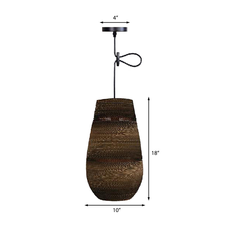 Corrugated Paper Hanging Lamp - Asian Style with Brown High Waist Shade - Restaurant Pendant Light