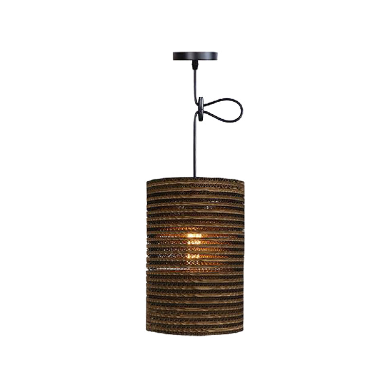Corrugated Paper Hanging Lamp - Asian Style With High Waist Brown Shade Restaurant Pendant Light