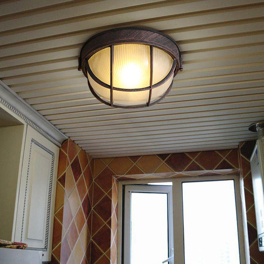 Rustic Ribbed Glass Dome Ceiling Light Fixture with Cage - Single Light Flush Mount