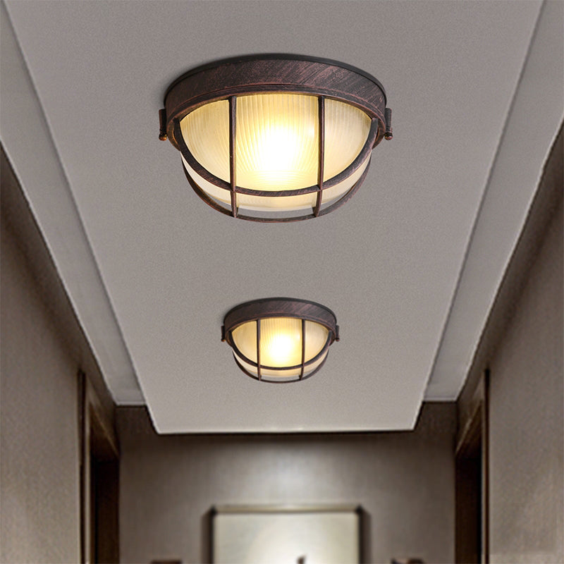 Rustic Ribbed Glass Dome Ceiling Light Fixture with Cage - Single Light Flush Mount
