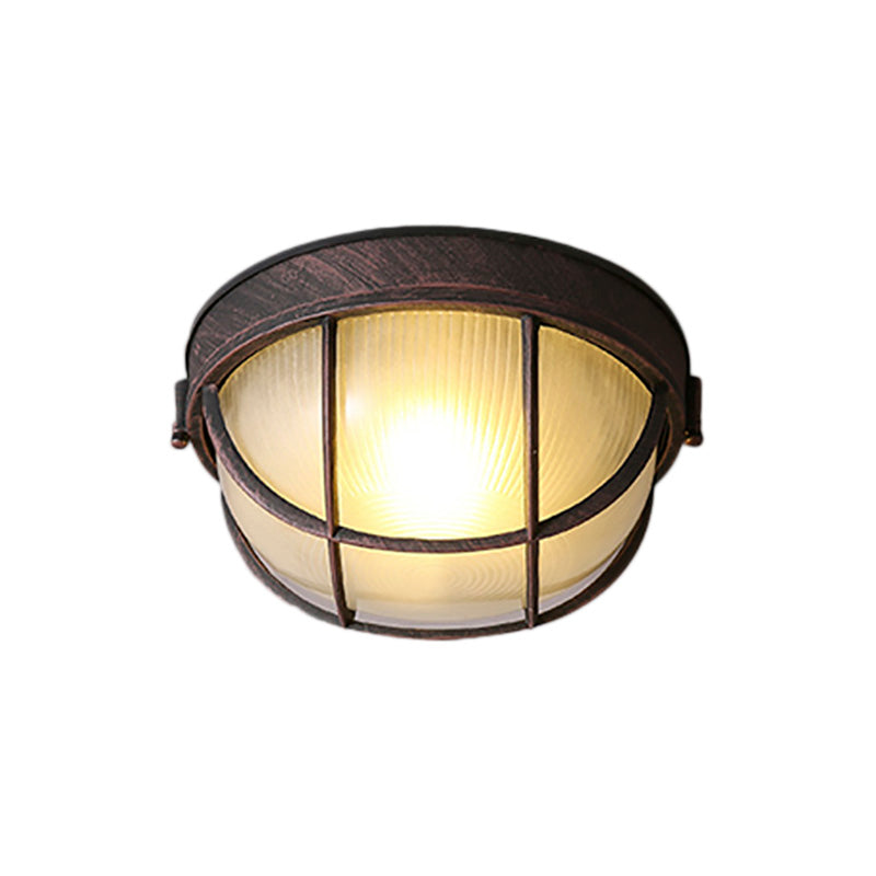 Rustic Ribbed Glass Dome Ceiling Light Fixture with Cage - Single Light Flush Mount