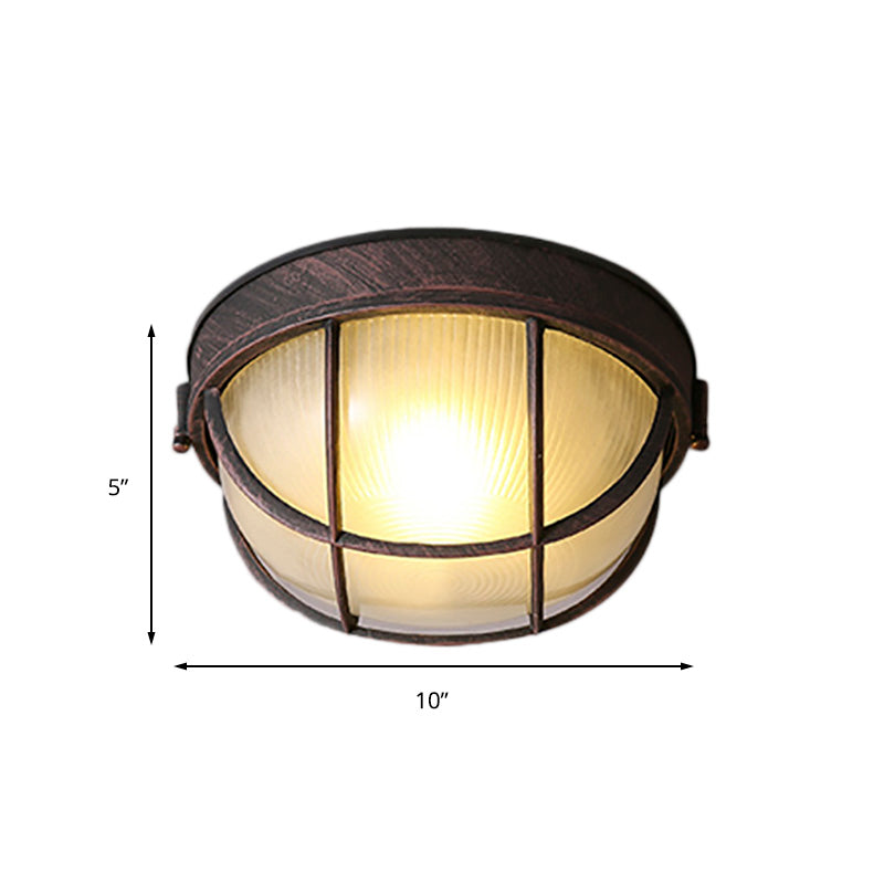 Rustic Ribbed Glass Dome Ceiling Light Fixture with Cage - Single Light Flush Mount