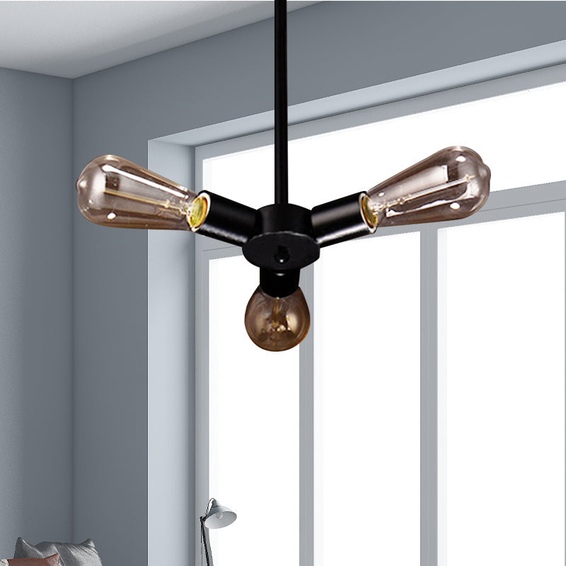 Vintage Black Finish Metal Bare Bulb Chandelier with Hanging Rod - 3/4/5 Lights for Bar
