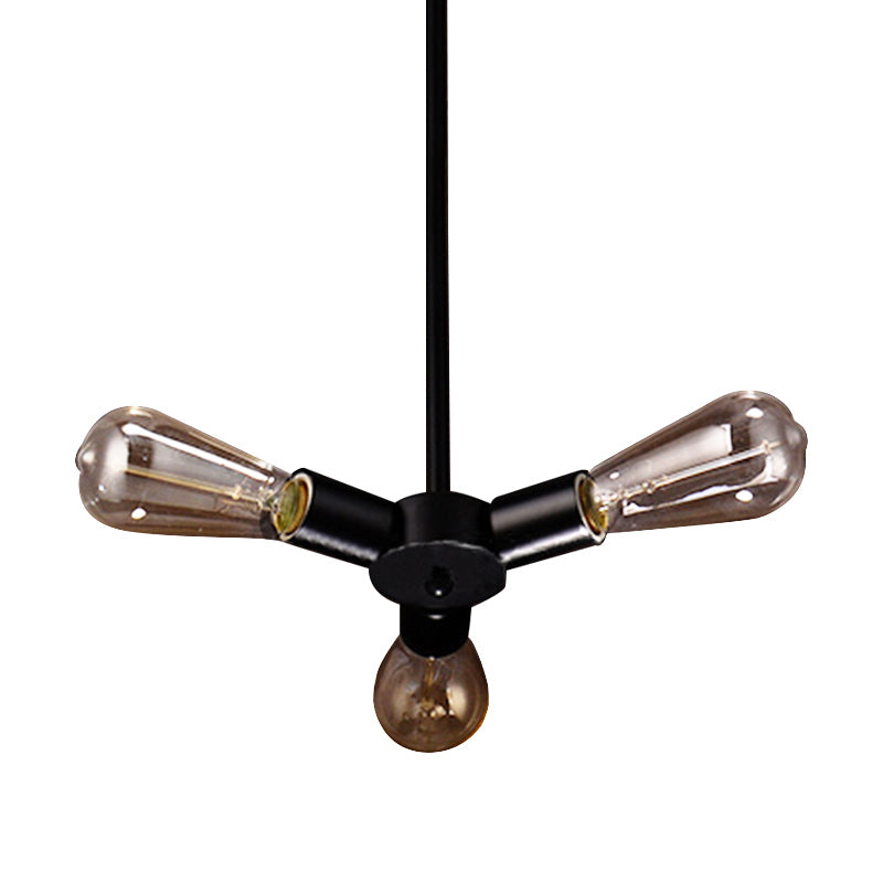 Vintage Black Finish Metal Bare Bulb Chandelier with Hanging Rod - 3/4/5 Lights for Bar
