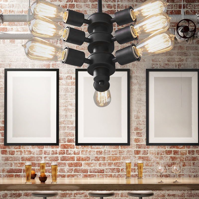 Vintage Black Finish Metal Bare Bulb Chandelier with Hanging Rod - 3/4/5 Lights for Bar
