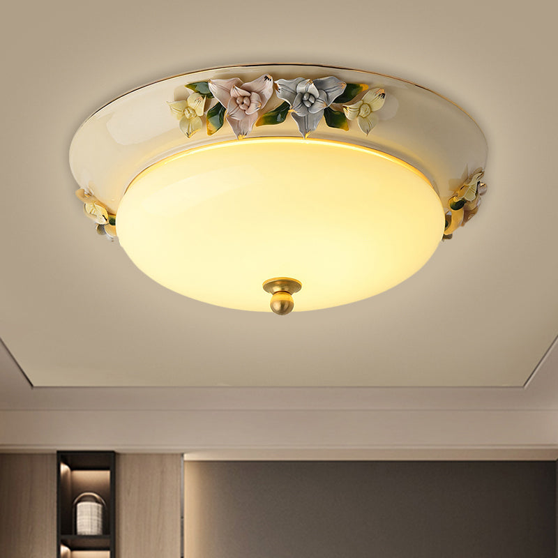 Plafonnier LED de style rétro : forme de bol de 12"/14", montage encastré en verre laiteux avec décor fleuri - Beige, lumière chaude/blanche