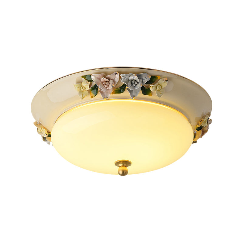 Plafonnier LED de style rétro : forme de bol de 12"/14", montage encastré en verre laiteux avec décor fleuri - Beige, lumière chaude/blanche