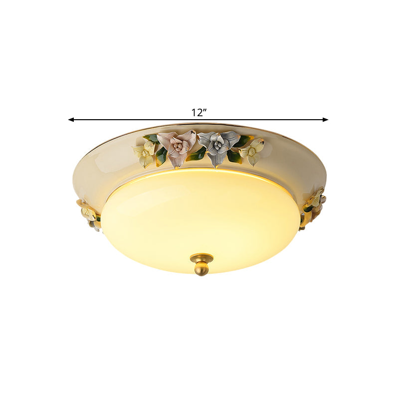 Plafonnier LED de style rétro : forme de bol de 12"/14", montage encastré en verre laiteux avec décor fleuri - Beige, lumière chaude/blanche
