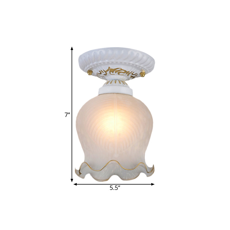 Countryside Scalloped Ceiling Flush Light Fixture in White - Ribbed Opal Glass, 1 Bulb