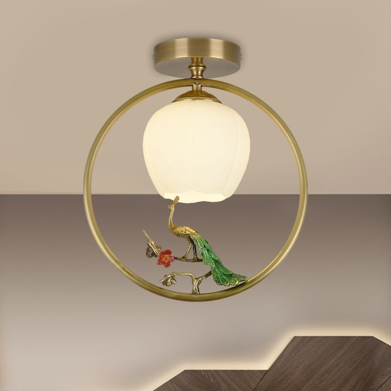 Rustic Opal Glass & Brass Ceiling Lamp with Peacock Decor