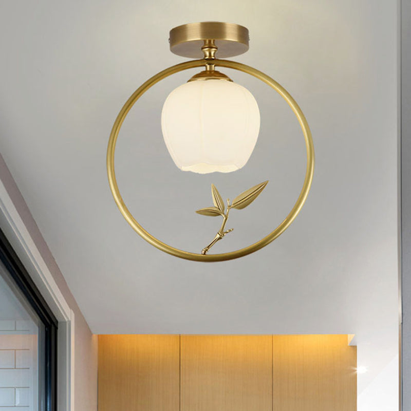 Rustic Opal Glass & Brass Ceiling Lamp with Peacock Decor