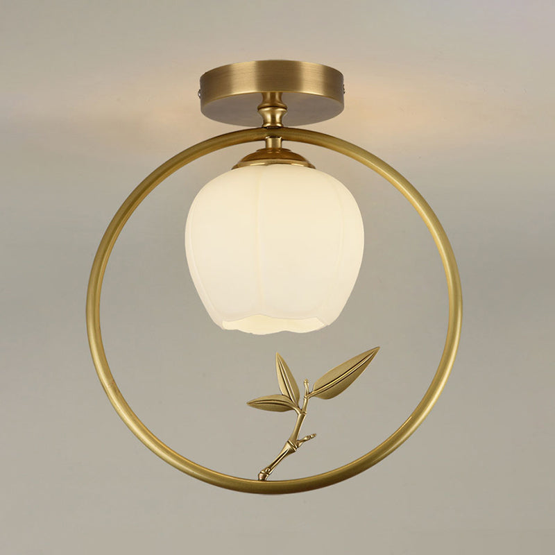 Rustic Opal Glass & Brass Ceiling Lamp with Peacock Decor