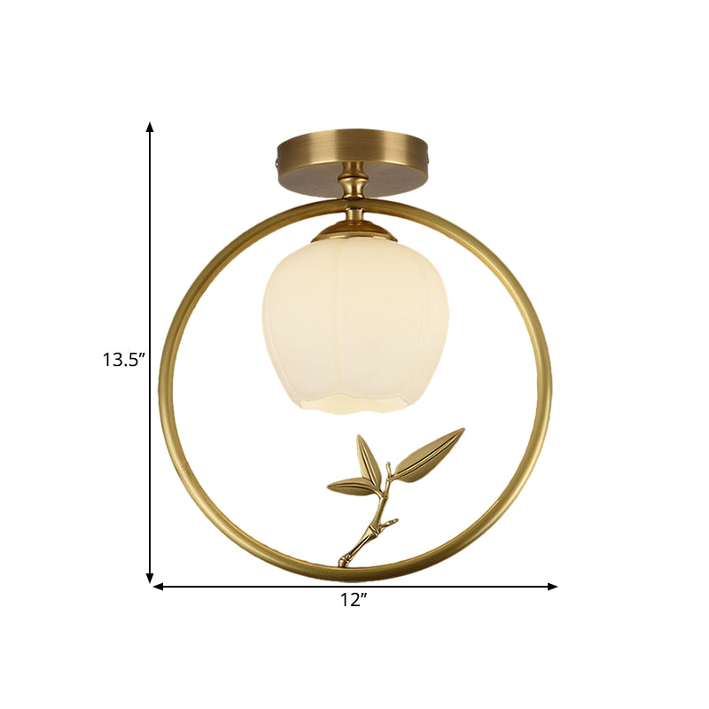 Rustic Opal Glass & Brass Ceiling Lamp with Peacock Decor