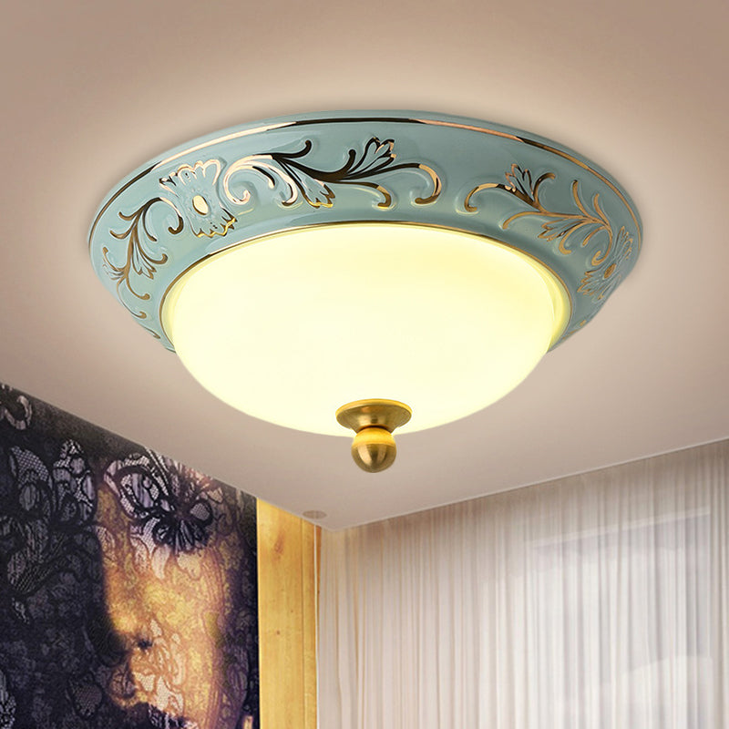 Blue LED Lodge Style Flush Mount Ceiling Light - 12"/14" W Frosted Glass, Warm/White Light