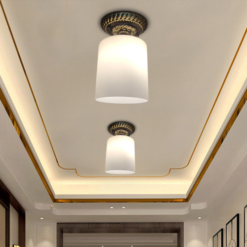 Farmhouse Bronze Flush Mount Ceiling Light with Milky Glass