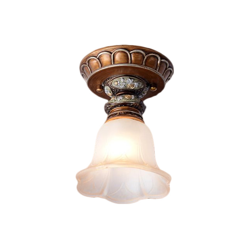 Vintage Floral Flush Ceiling Light with White Opaline Glass and Carving Pattern