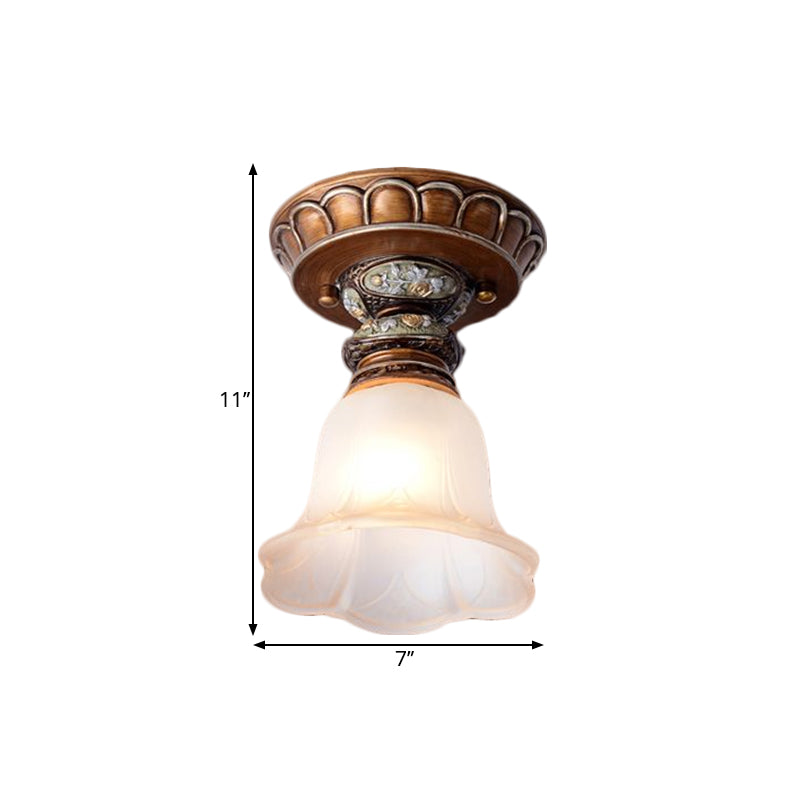 Vintage Floral Flush Ceiling Light with White Opaline Glass and Carving Pattern