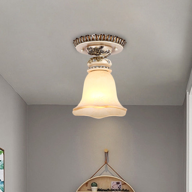 Vintage Floral Flush Ceiling Light with White Opaline Glass and Carving Pattern