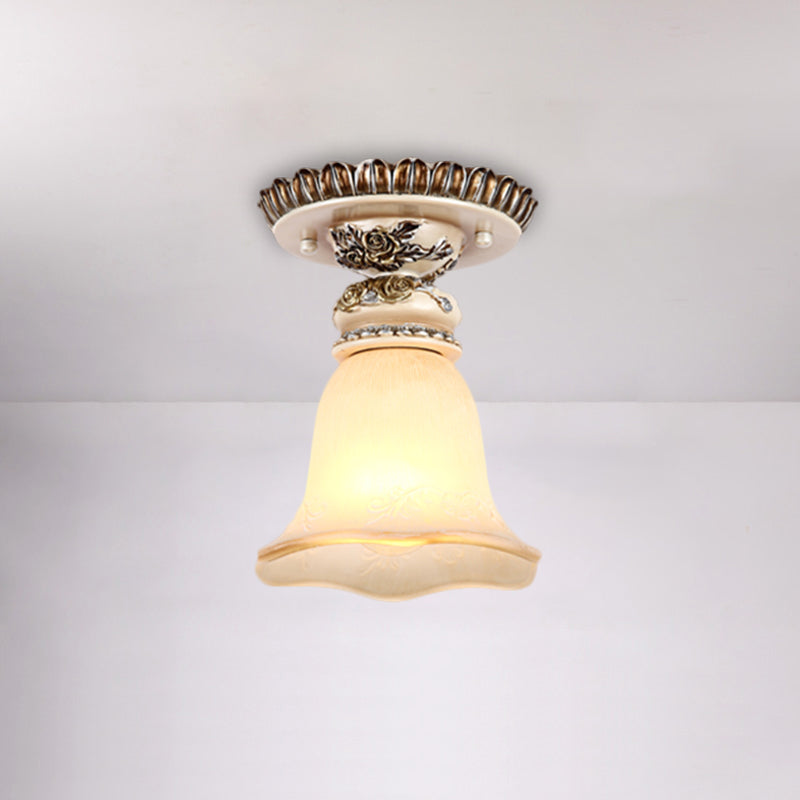 Vintage Floral Flush Ceiling Light with White Opaline Glass and Carving Pattern