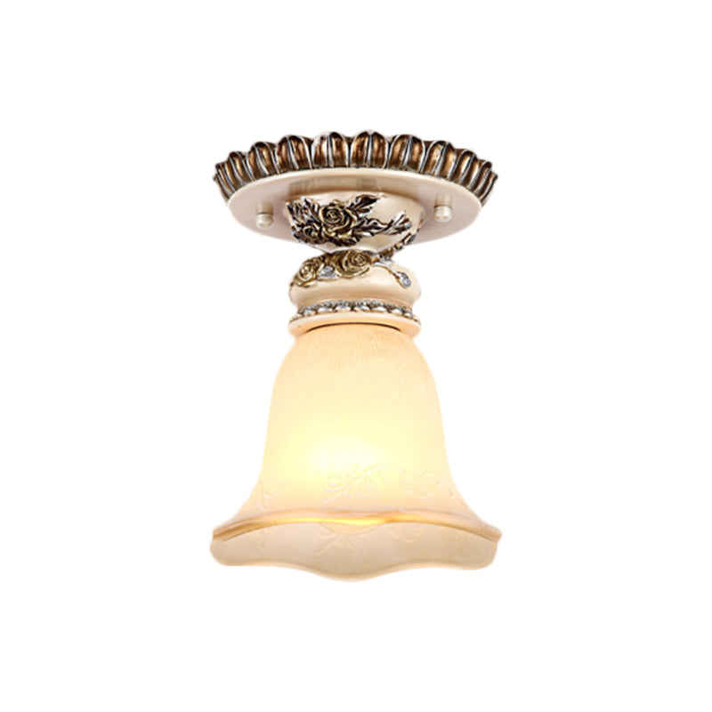 Vintage Floral Flush Ceiling Light with White Opaline Glass and Carving Pattern