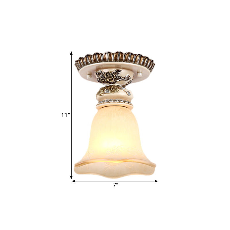 Vintage Floral Flush Ceiling Light with White Opaline Glass and Carving Pattern