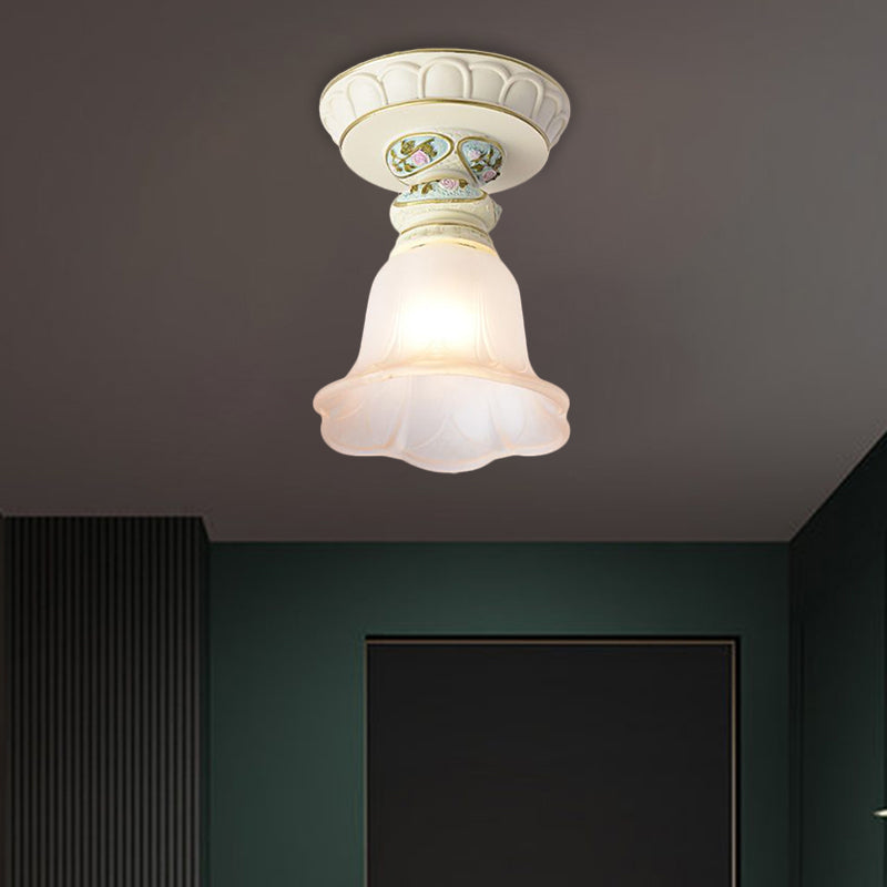 Vintage Floral Flush Ceiling Light with White Opaline Glass and Carving Pattern