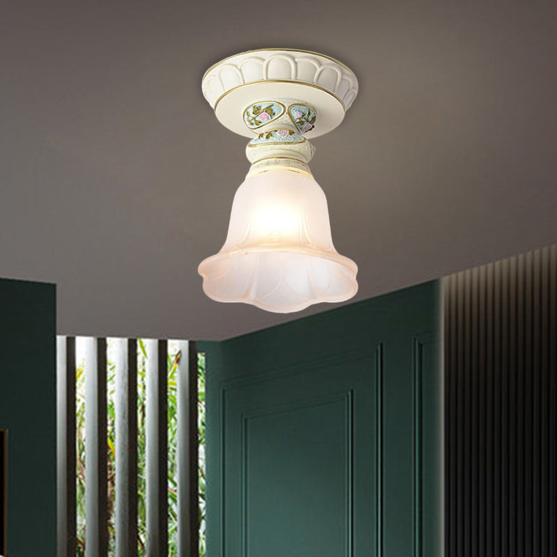 Vintage Floral Flush Ceiling Light with White Opaline Glass and Carving Pattern