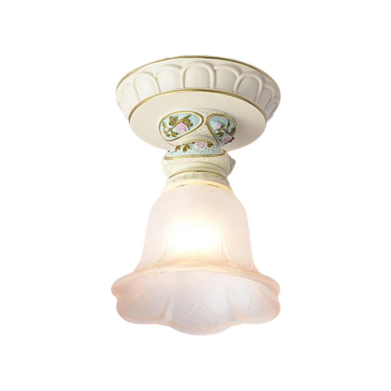 Vintage Floral Flush Ceiling Light with White Opaline Glass and Carving Pattern