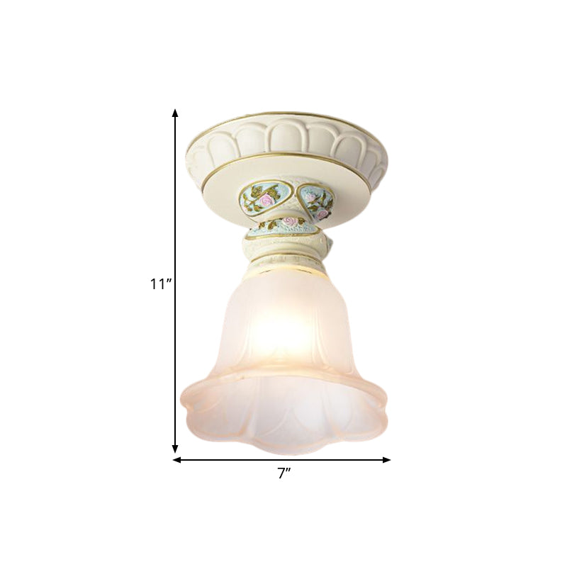 Vintage Floral Flush Ceiling Light with White Opaline Glass and Carving Pattern