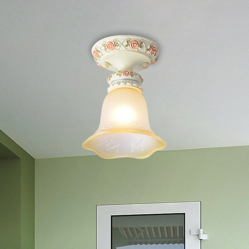 Vintage Floral Flush Ceiling Light with White Opaline Glass and Carving Pattern