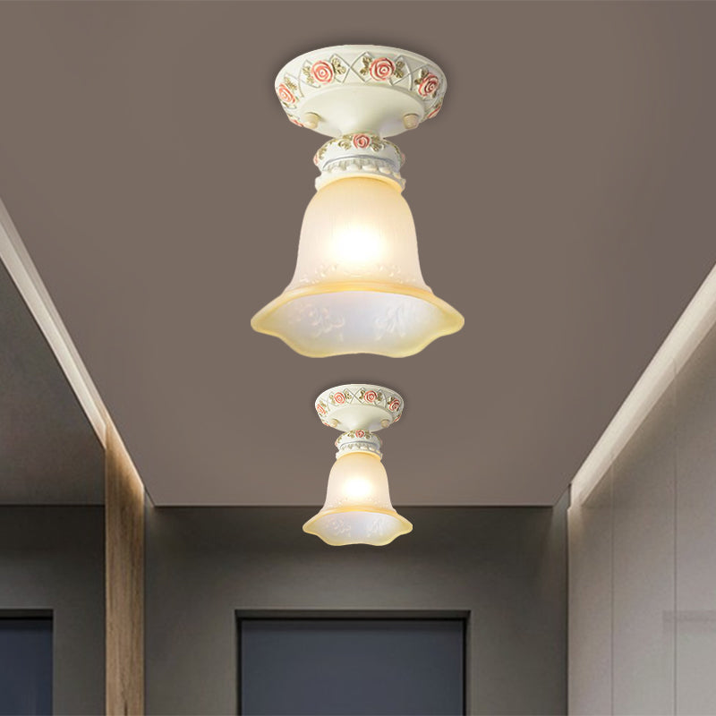 Vintage Floral Flush Ceiling Light with White Opaline Glass and Carving Pattern