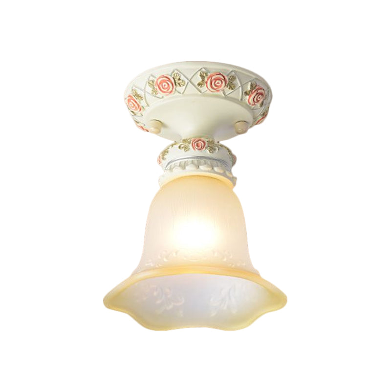 Vintage Floral Flush Ceiling Light with White Opaline Glass and Carving Pattern