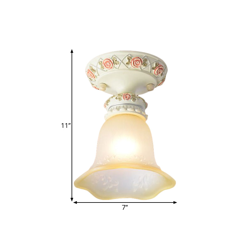 Vintage Floral Flush Ceiling Light with White Opaline Glass and Carving Pattern