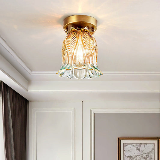 Farmhouse Flower Lattice Brass Flush Mount Ceiling Lamp with Clear Glass