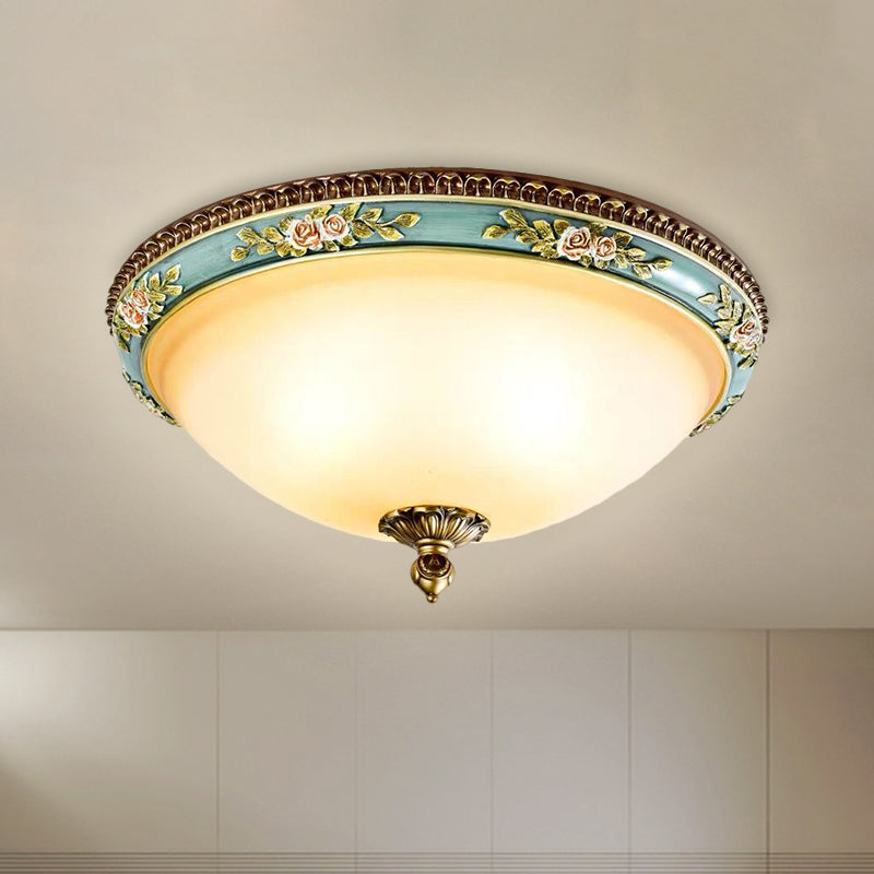 Opal Glass LED Ceiling Fixture with Carved Flower Design and Blue Flush Mount - Warm/White/3 Color Light Options for Sitting Room