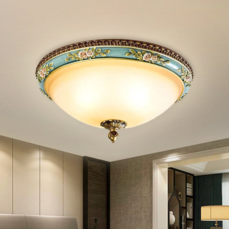 Opal Glass LED Ceiling Fixture with Carved Flower Design and Blue Flush Mount - Warm/White/3 Color Light Options for Sitting Room