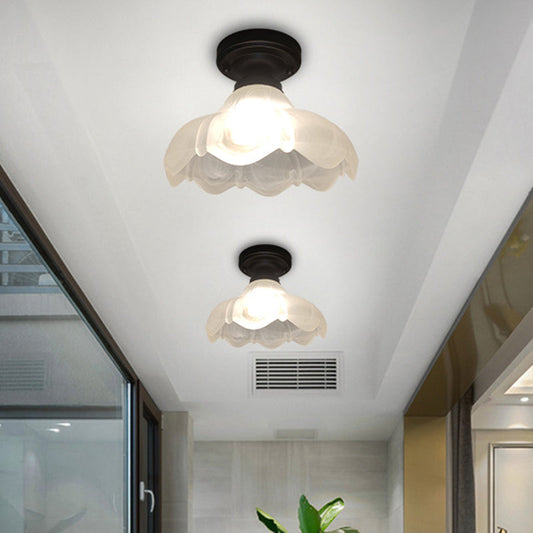 Countryside Flower Ribbed Glass Flush Mount Ceiling Fixture - Single Head, White with Black Finish