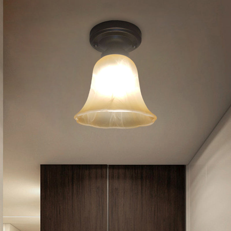Antiqued Black Single Bulb Ceiling Light with Milky Glass Bell Shape – Flush Mount Lighting
