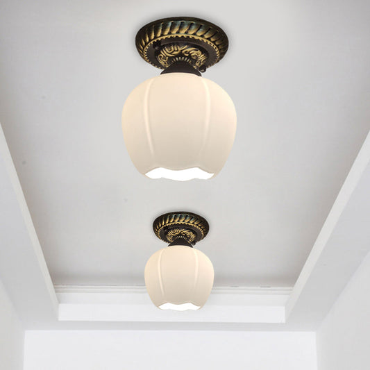 Country Blossom Flush Mount Ceiling Lighting - Single Bulb Milky Glass in Brown