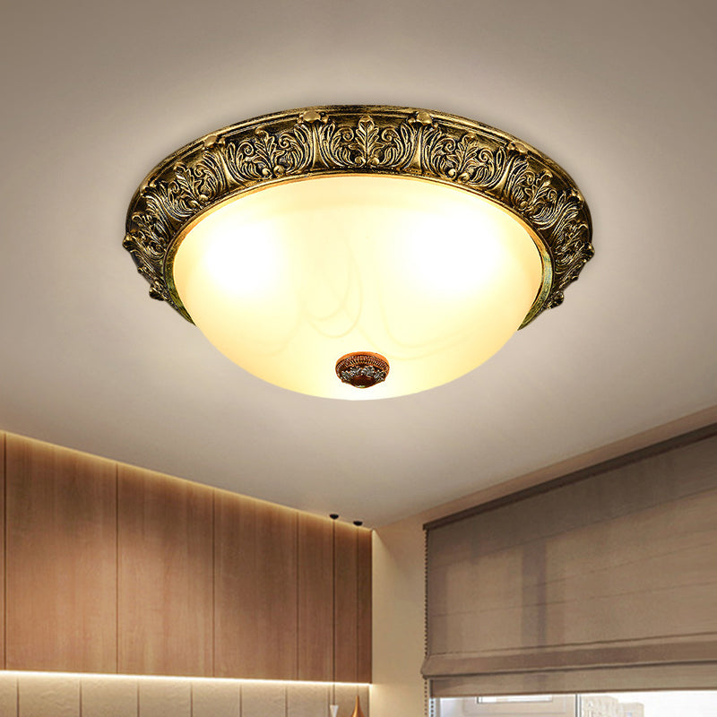 Dome Shaped Rustic Flush Mount Lighting with Opaline Glass in White/Brass - Available in 11"/15"/19" Sizes and 2/3-Head Options