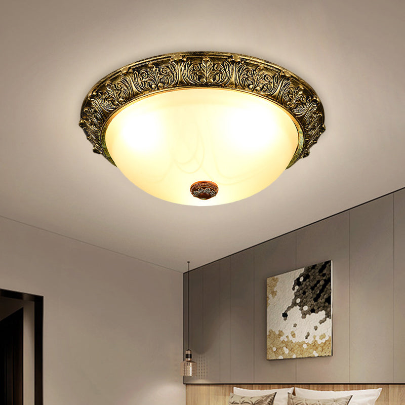 Dome Shaped Rustic Flush Mount Lighting with Opaline Glass in White/Brass - Available in 11"/15"/19" Sizes and 2/3-Head Options